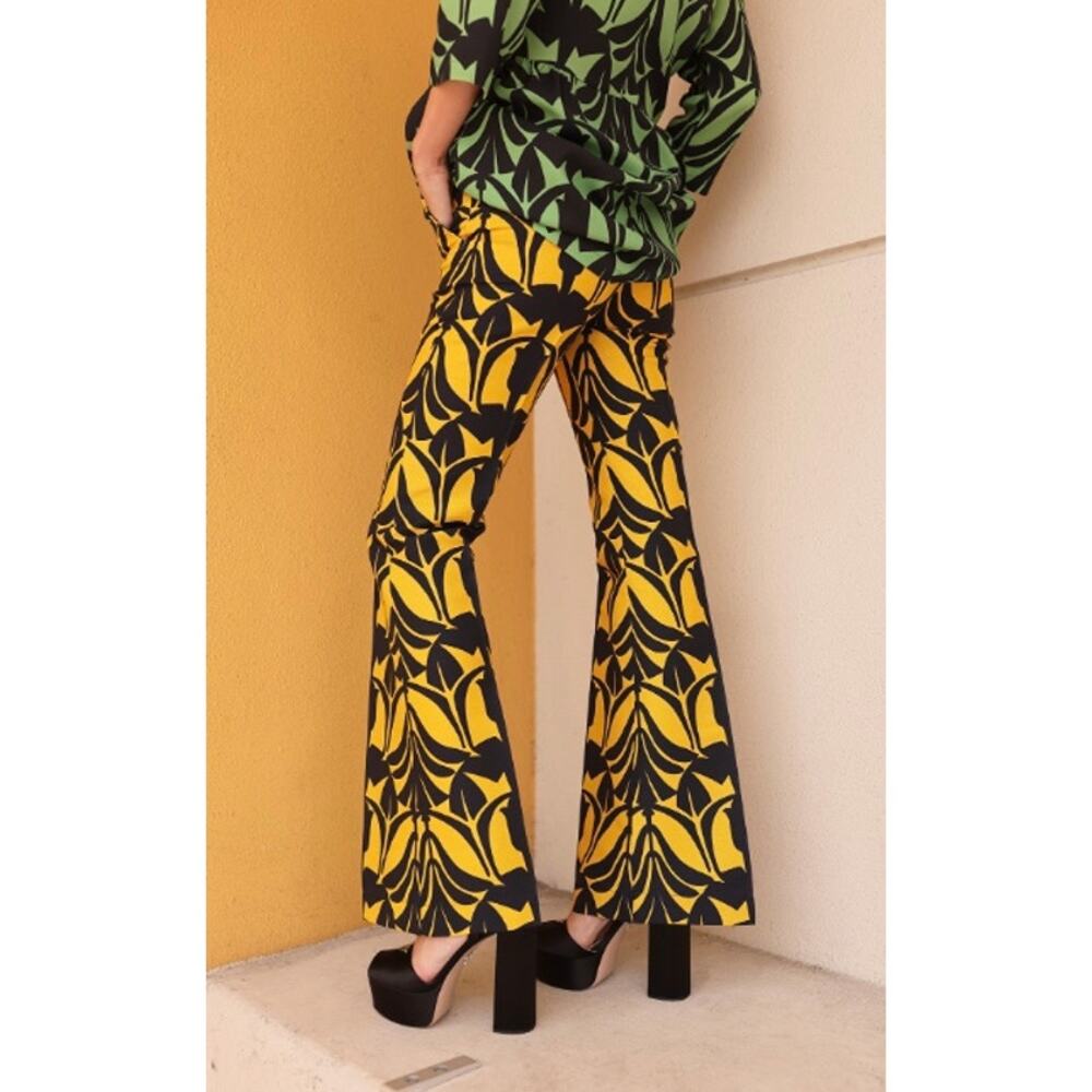 La DoubleJ Graphic Print Wool Tailored Flare Pants Black Yellow Medium